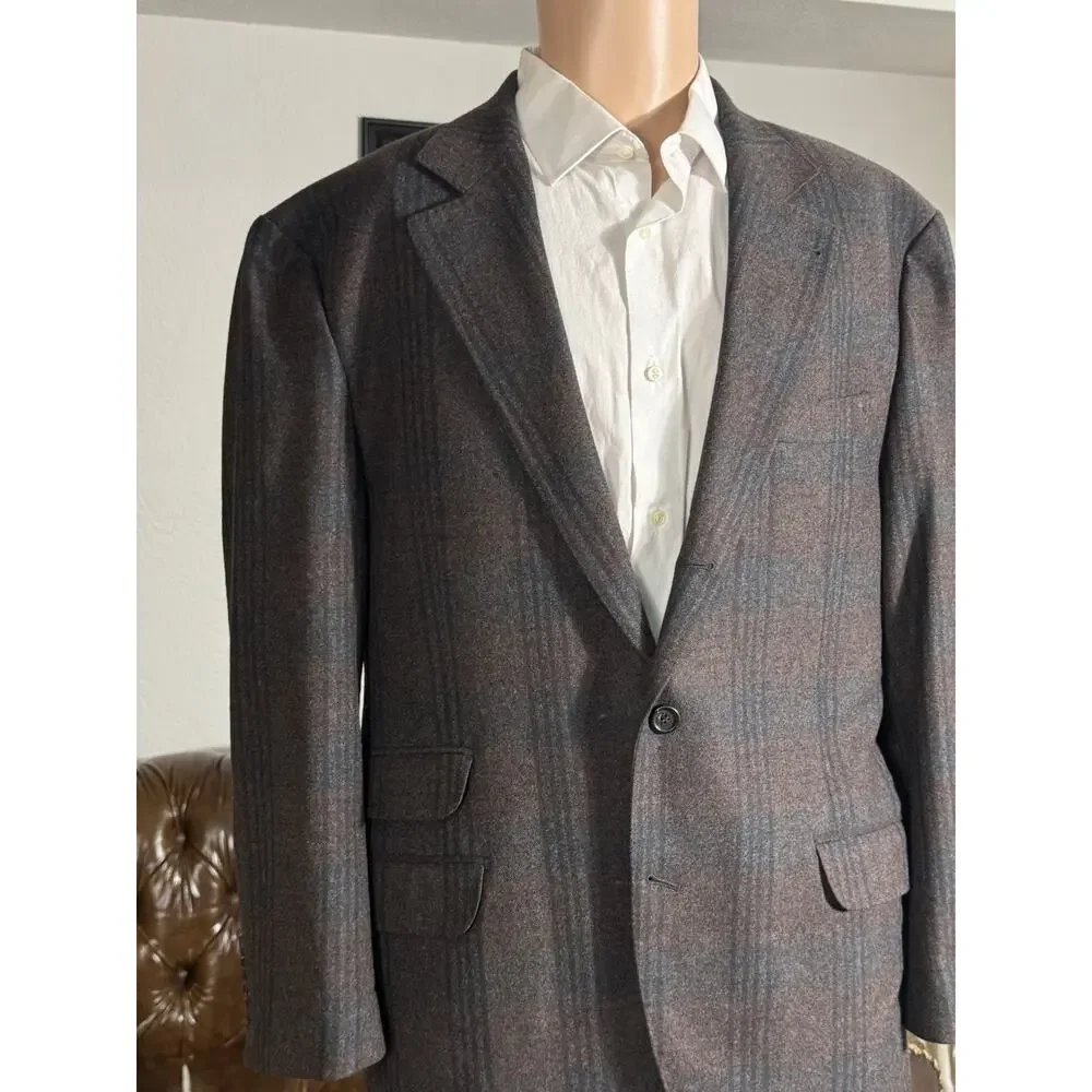Brunello Cucinelli Burgundy Blue Flannel Plaid Blazer Jacket 54 44R Wool Cashmer